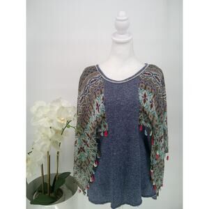 Uncle Frank Womens Blue Southwestern Boho Tasseled High Low Blouse Medium NWOT